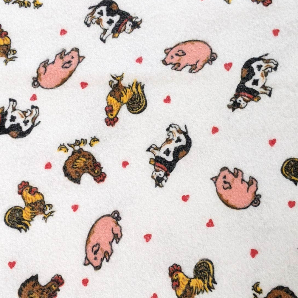 Vintage Farm Animals Novelty Print Cotton Flannel Fabric Pigs‎ Cows Roosters